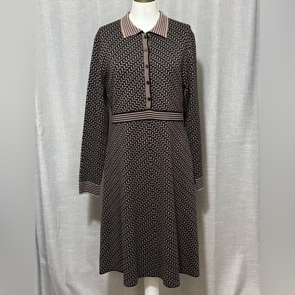 NWT Max Studio Sweater Dress-Sz L-Black/Tan-Poly Blend-5 Button Front-Collar